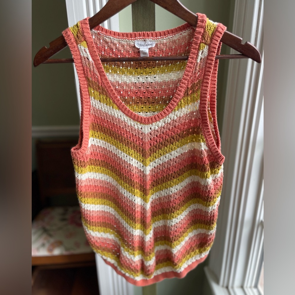 100% Cotton Tribal Jeans Striped Sleeveless Sweater Boho Groovy 70s Style Medium